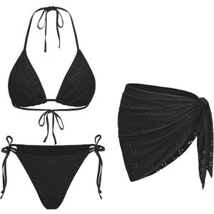 Women 3 Piece Swimsuits - Sexy Triangle Bikini Sets with Cover Up Halter String Tie Side Bathing Suits (Medium, Black)