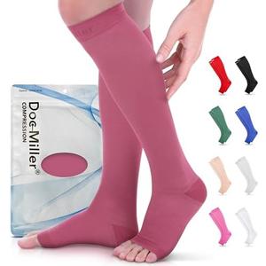 Doc Miller Open Toe Compression Socks for Women & Men 15–20 mmHg, Knee High Calf Support Sleeves, Graduated Stockings for Swelling Recovery, Circulation, 1 Pair