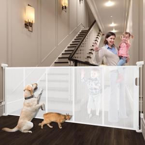 Retractable Baby Gates Dog Gate for Stairs, 100" Wide Retractable Gate Mesh Pet Gate, 41" Extra Tall Child Safety Gate with Fiberglass Rods for Stairways, Doorways, Hallways, Indoor/Outdoor (White)