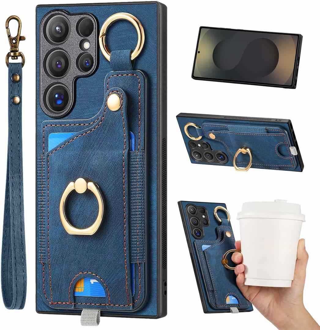JanCalm Card Slots for Samsung Galaxy S25 Ultra Case Blue, Metal Ring Holder Stand, Wrist Strap, Magnetic Clasp, Leather Shockproof Protective, Wallet Phone Cover