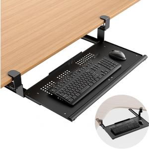 Keyboard Tray Under Desk - Full Metal Slide Out Holder, Rust-Resistant & Scratch-Proof, Double C-Clamps, 26x13" Tray for L Shape/Regular Desks, Standing/Sitting Workstation(Black)