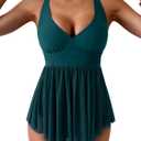 Women's One Piece Swim Dress Swimsuit Tummy Control Mesh Swimdress V Neck Bathing Suit Skirt Tie Back Swimwear (X-Large, Peacock Green)