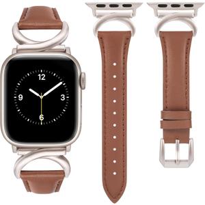 Minyee Leather Bands Compatible with Apple Watch Band 38/40/41/42/44/45/46/49mm Women, Slim Thin Dressy Designer Strap with C-Shape Metal Buckle for iWatch Series 11 10 9 8 7 6 5 4 SE/Ultra 3 2 1 (Brown/Starlight)