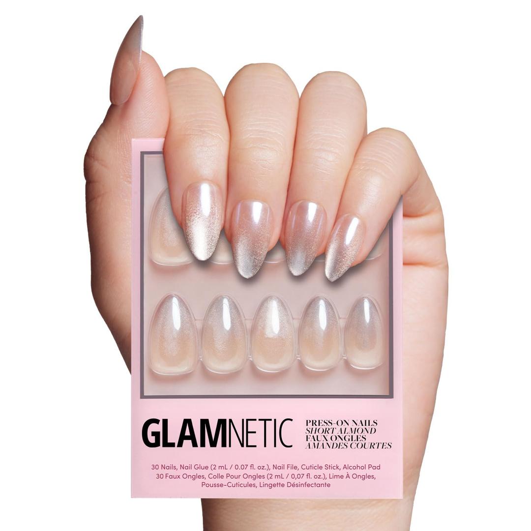 Glamnetic Press On Nails - Polar Night | Short Almond Fake Nails with Ombr Silver Tips and Glossy Velvet Finish, Salon Quality | 15 Sizes - 30 Nail Kit with Glue