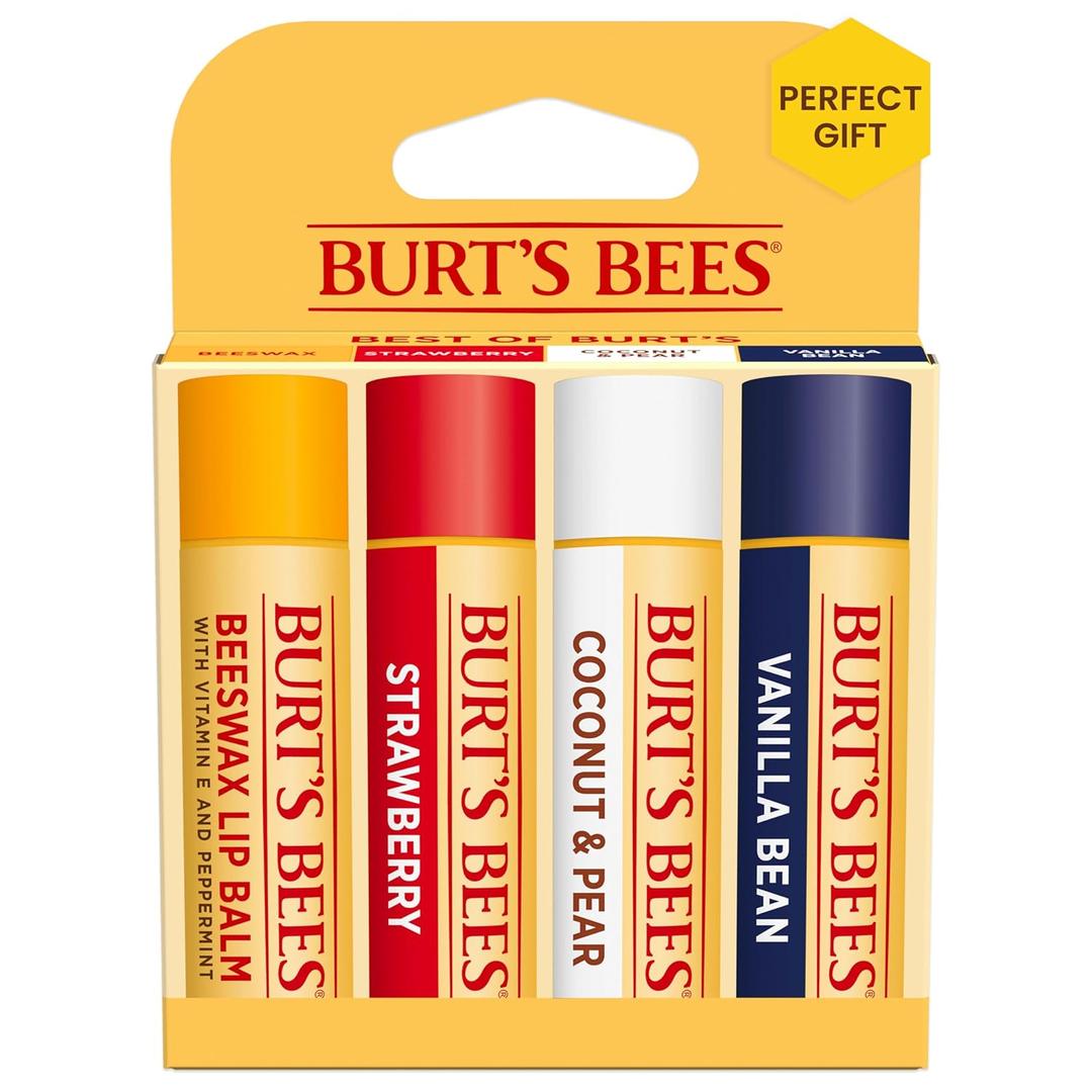 Burt's Bees Easter Basket Stuffers, Lip Balm, Beeswax, Strawberry, Coconut and Pear, and Vanilla Bean Pack, With Responsibly Sourced Beeswax, Tint-Free, Natural Lip Treatment, 4 Tubes, 0.15 oz.