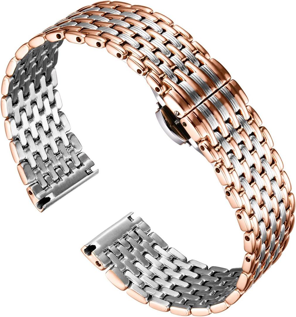 BINLUN Ultra Thin Mesh Stainless Steel Watch Band Light Watch Strap Polished Watch Bracelets Replacement 12mm/14mm/16mm/18mm/20mm/22mm for Men Women with Butterfly Buckle (Silver and Rose Gold)