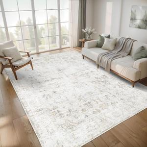 Washable 810 Area Rug for Living Room, Vintage Floral Rug Soft Non Slip Stain Resistant Boho Carpet for Bedroom Dinning Room Home Office Beige New