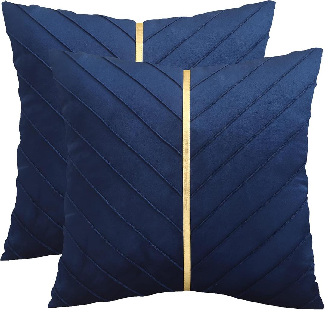 Tosleo Navy Blue Velvet Throw Pillow Covers 26x26 inch Pack of 2 with Gold Leather Decorative Couch Pillowcases Luxury Modern Pillow Cover for Living Room Bedroom Sofa Cushion Bed