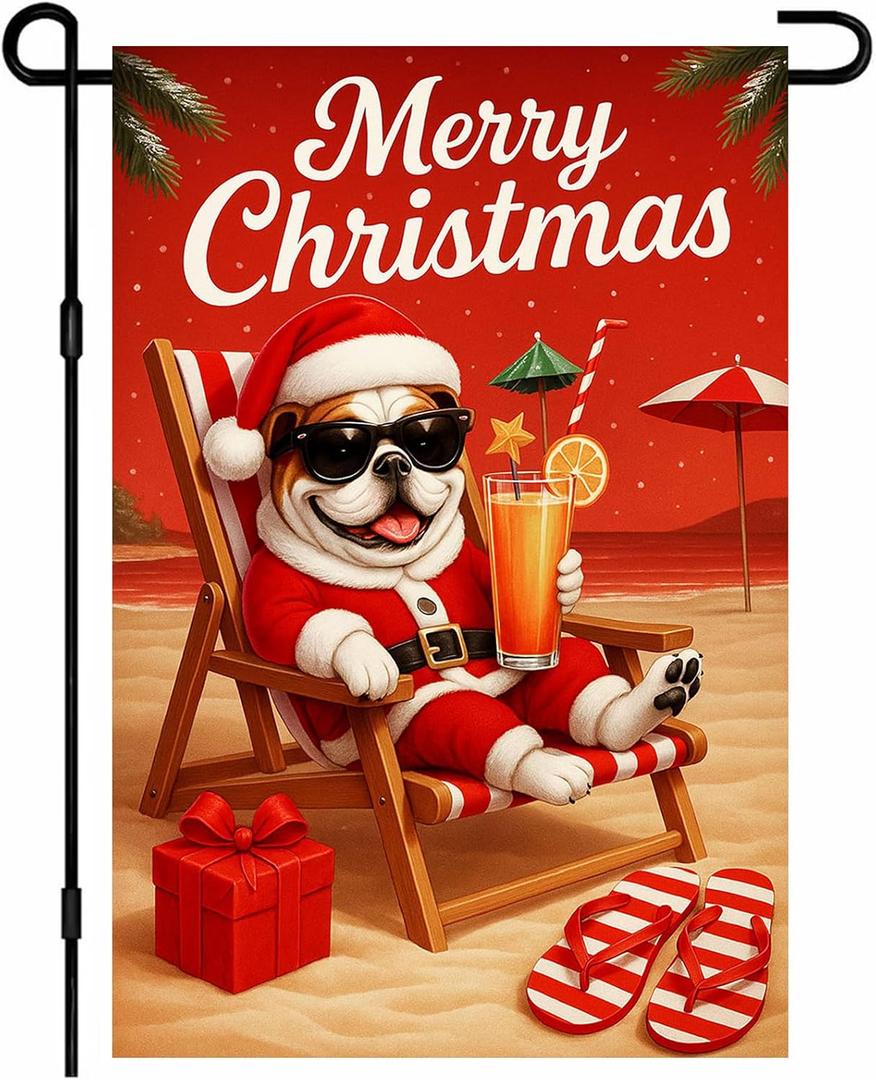 IVN Christmas Pug Garden Flag 12x18 Inches Double-Sided Bulldog Santa Holiday Decor for Outdoor Yard, Patio, Lawn and Poolside