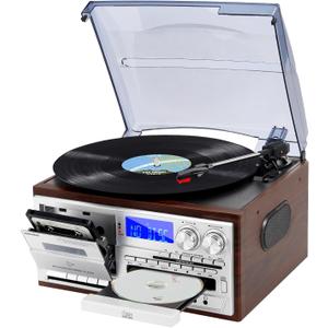 Record Player with Bluetooth 3 Speed Turntable Built in Stereo Speakers CD Cassette USB SD Playback AM FM Radio with Remote Control for Daily Listening and Music Collection (Silver-T408)