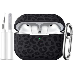 Leopard Engraved Compatible for AirPods Pro 3 Case Cover(2025),Soft Silicone Compatible with Apple AirPods Pro 3 for Women,Cute Air Podspro3 Case with Keychain &Cleaning Kit,Black