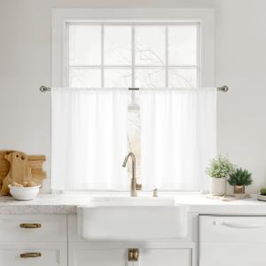 RYB HOME Kitchen Cafe Small Curtains 36 inches Length, Non See Through Light Filtering Semi Sheer Half Window Curtain Tier Valance for RV Camper, White, 26" W x 36" L, 2 Panels Set
