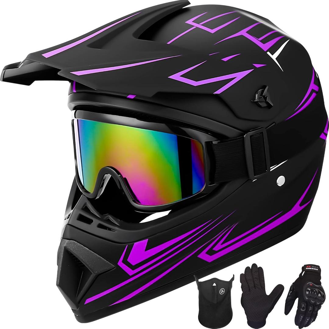Youth Kids Motocross Helmet Motorcycle Dirt Bike Off-Road Mountain Bike BMX MX ATV Helmet with(Gloves Goggles Mask) 4Pcs Set - DOT Approved, (Purple,M)