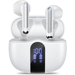 Wireless Earbuds, 2025 Bluetooth 5.4 Bass Stereo Headphones with 4 ENC Mic, 50H Playback Ear Buds with Charging Case LED Display, Sport Earphones IPX7 Waterproof for Phone, Android, Pad, White
