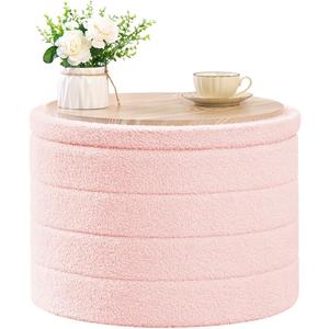 B FSOBEIIALEO Ottoman with Stroage, Round Sherpa Storage Ottoman Stool, Boucle Foot Rest22 x 22"x15.75" (Pink