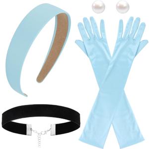 Princess Accessories for Girls Headband Gloves Choker Halloween Princess Costume Accessories (Adults - Blue 4 Pcs)