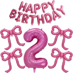 Pink Happy Birthday Balloons Banner, Giant Pink Bow Foil Balloons Number 2 Balloon Party Decor for Girls 2nd Birthday