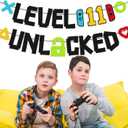 Level 11th Unlocked Sign Banner Happy 11th Birthday Level Up Eleventh Bday Party Decorations for Video Game Controller Themed Teen Birthday Event Celebration Supplies Double Sided