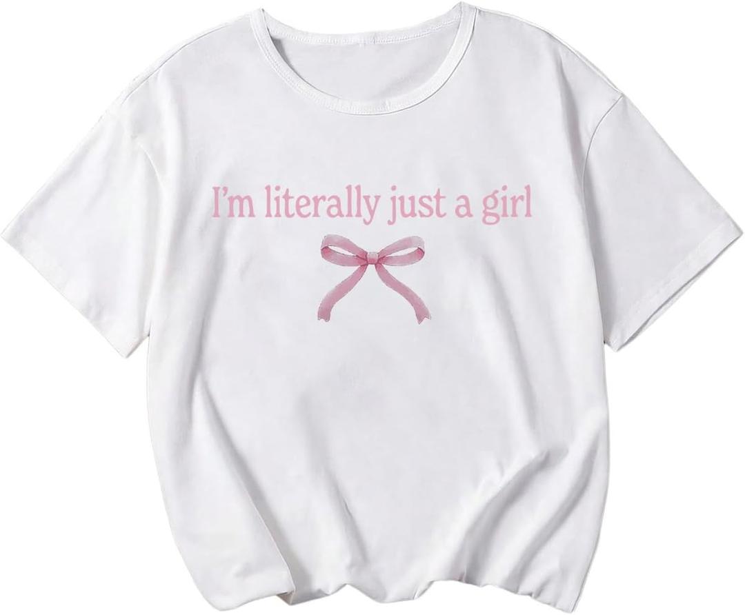 Girl's Bow Graphic Tees Crew Neck Short Sleeve Summer T Shirts Preppy Cute Clothes for Girls