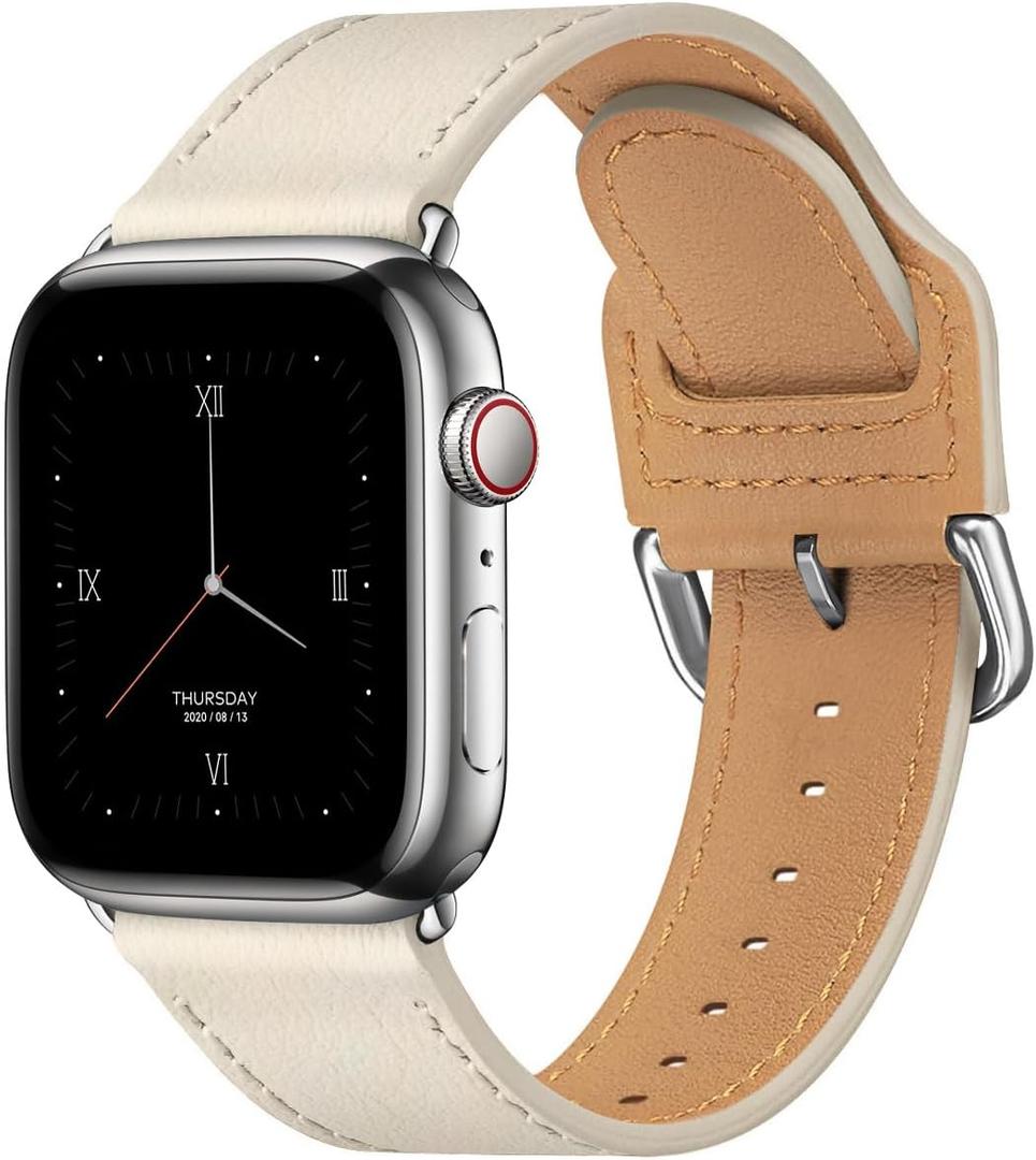 POWER PRIMACY Leather Bands Compatible with Apple Watch Band 38mm 40mm 41mm 42mm-Series 11/10,Genuine Leather Strap Compatible for Women Men iWatch SE Series 11 10 9 8 7 6 5 4 3 2 1(Ivory white/Silve)