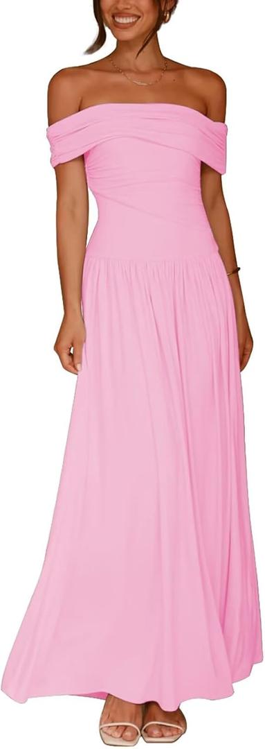 Women's Off The Shoulder Maxi Dress Bodycon Ruched Flowy Long Dresses Pleated Summer Dress (Medium, Pink)