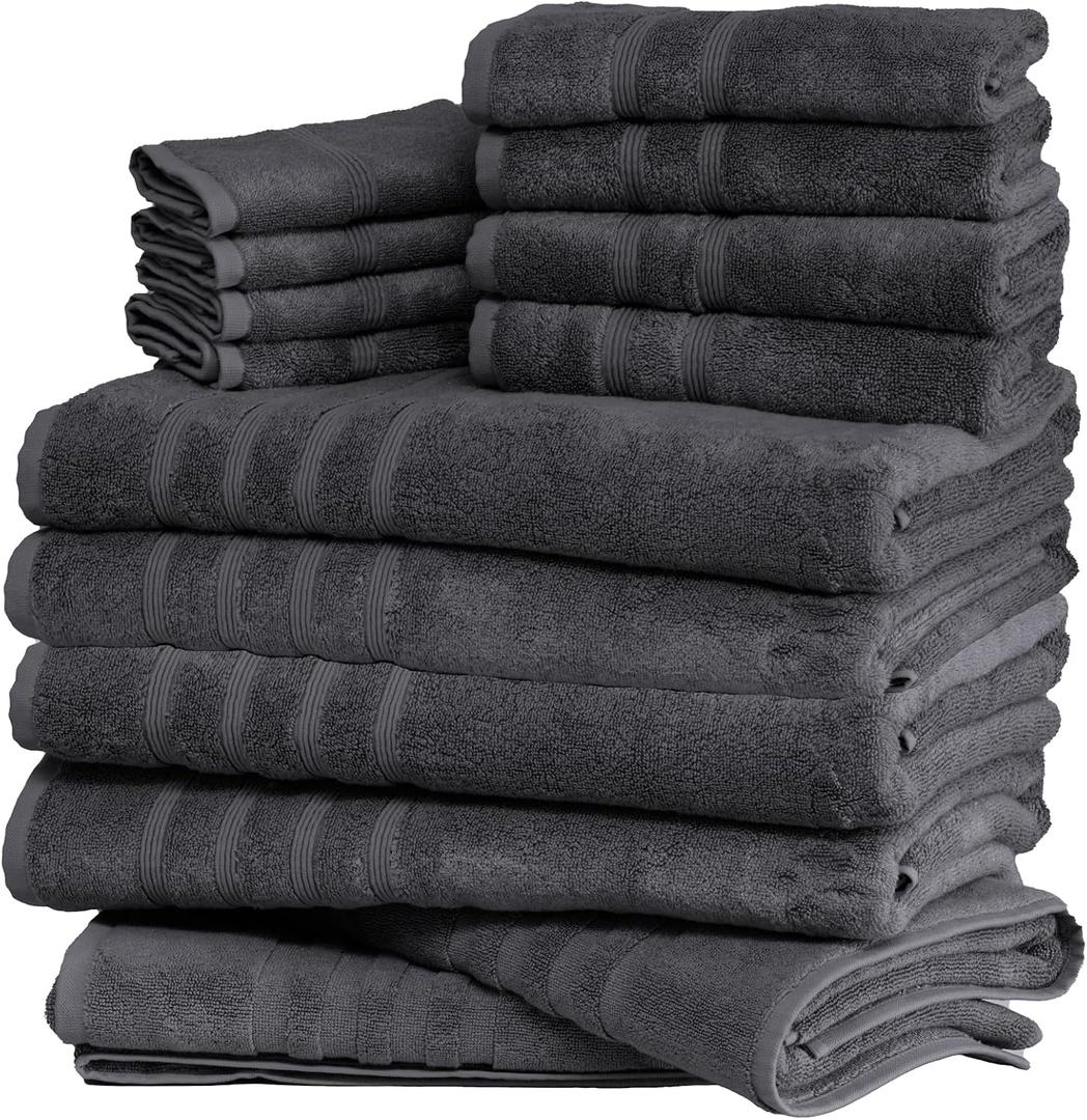 14 Piece Luxury Turkish XL Bath Sheet and Mat Bundle, Charcoal Gray | 4 bath sheets, 4 hand towels, 4 washcloths and 2 XL bath mats, 700 and 1000 GSM bamboo-viscose and Turkish cotton blend