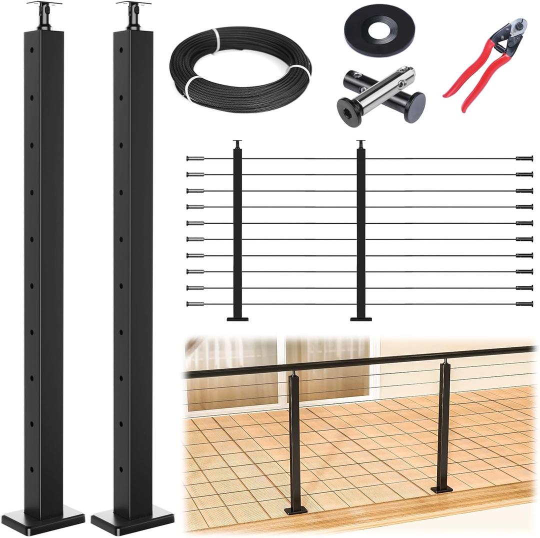 Muzata 5-10FT Modular Black Cable Railing Kit 36 Inch 2 Level Post Kit Complete Set Cable Railing System for Decks Length Adjustable Easy DIY with Paper User Guide (No Handrail) RWS1 BH4S