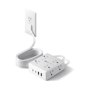 10Ft Extension Cord with Multiple Outlets, Flat Plug Surge Protector Power Strip 10 Ft Long Cord, 8 Outlets & 4 USB Ports (2 USB C), Desk Charging Station for Home Office, College Dorm Room Essentials