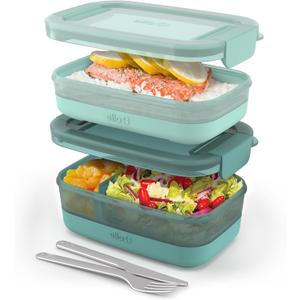 Ello 2-Pack Lunch Stack Plastic Food Storage Container Bento Box with Airtight, Leak-Proof Locking Plastic Lids and Silicone Base, BPA-Free, Freezer, Microwave, and Dishwasher Safe, Mint Chip