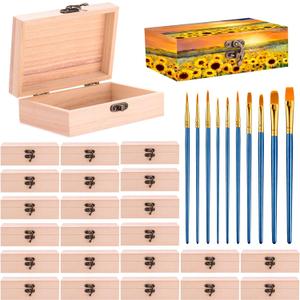Barydat 24 Pcs Unfinished Wooden Boxes for Crafts 6 x 3.75 x 2 Inch, Wood Box with 10 Paintbrushes and Hinged Lid Wood Treasure Chest Boxes for DIY Crafts Jewelry Birthday Party Favor Gift Supplies