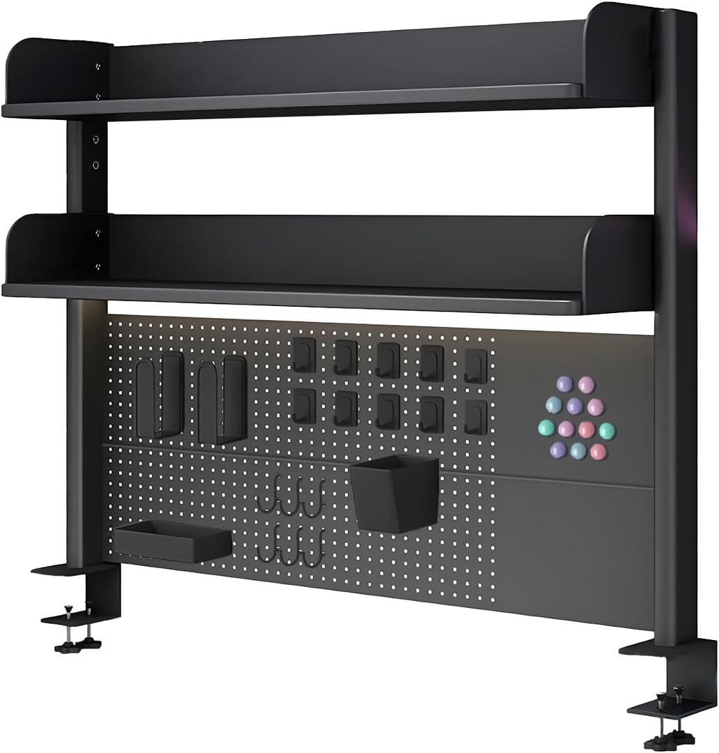 Clamp On Desk Shelf Organizer, Clamp On Desk Pegboard,Computer Desk Accessories for Office, Privacy Panel for Gaming Desk, Clamp-On Desktop Shelving System,Black (31.5in)
