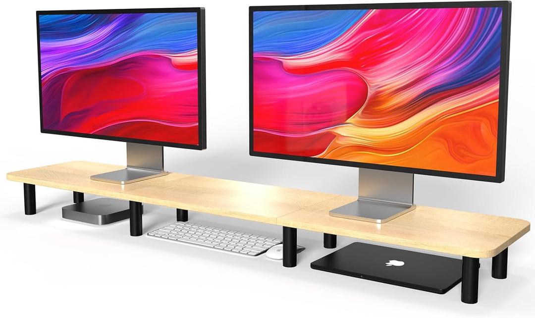 Large Extra Long Monitor Stand Riser 43.7in,Dual Monitor Riser, Wide TV Stand for 2 Monitors, Wood & Steel Leg Adjustable Height Desktop Riser, Home Office Organization. (Natural) (Nature)