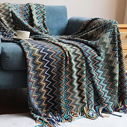 KLEVERISE Bohemian Boho Throw Blankets, Knitted with Tassel, Outdoor Reversible Soft Cozy Lightweight Throw Blankets, Couch Bed Sofa Decorative Afghan Throw Blanket All Seasons Blue 50x60 inches