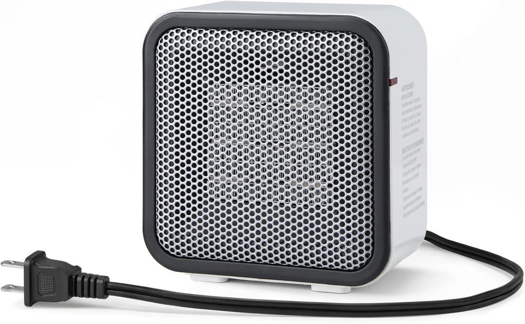 Amazon Basics Ceramic Space Heater, Portable Mini Heater for Office Desk, 500W, With Tip-Over Protection, Lightweight 1.4 lbs, White, 5.9"D x 3.2"W x 6"H