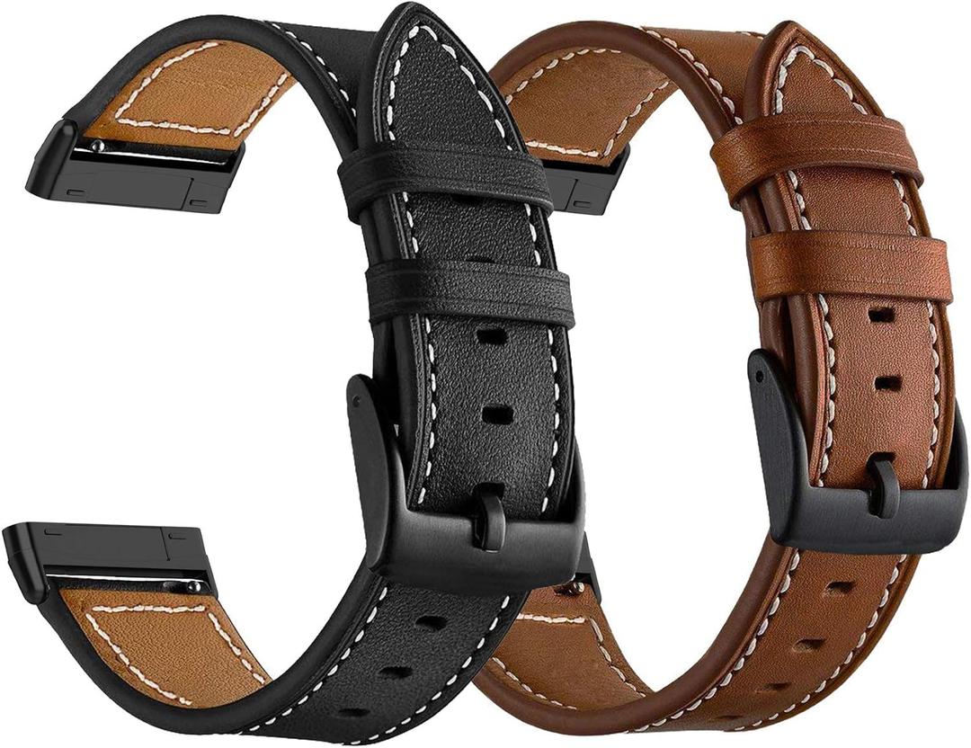 LDFAS Leather Band Compatible for Fitbit Sense 2 /Versa 4 Bands, (2 Pack) Women Men Accessory Watch Strap with Black Metal Buckle Compatible for Fitbit Sense, Versa 3 Band, Brown+Black