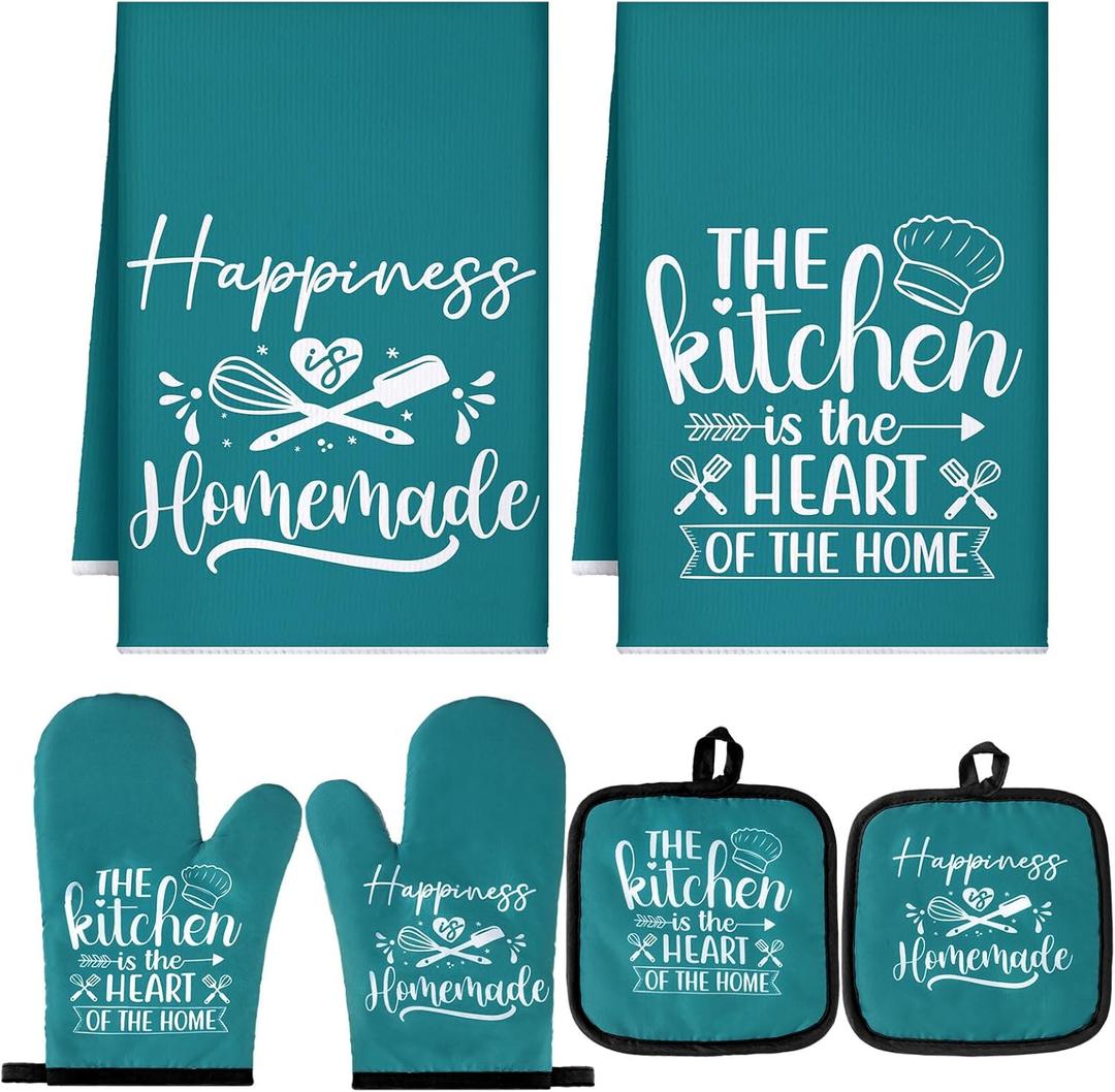 Sratte 6 Pcs Kitchen Decor Accessories Set Farmhouse Towels Pot Holders Oven Mitts Set 2 Dish Towels 2 Potholders 2 Cooking Mittens Oven Glove for Christmas Baking Cooking Supply(Teal,Kitchen)