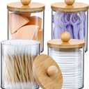 4 Pack Qtip Holder Dispenser with Bamboo Lids - 10 oz Clear Plastic Apothecary Jar Containers for Vanity Makeup Organizer Storage - Bathroom Accessories Set for Cotton Swab, Ball, Pads, Floss