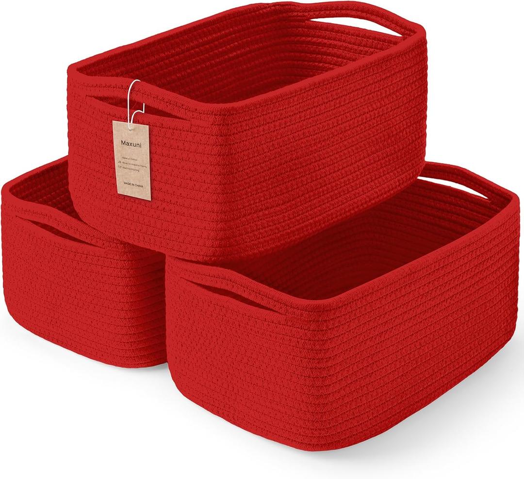 3-Pack Small Storage Baskets for Organizing | Woven Shelf Toy Basket | Rope Baskets for Gifts Empty | Closet Organizer Bins with Handles | Cube Decorative Box | 11.87.85.1 | Christmas Red