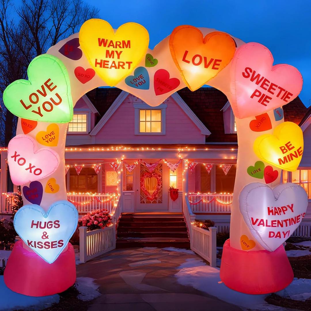 Jenaai 8 Ft Valentine's Day Inflatable Archway Love Conversation Heart Blow Up Yard Decoration Build-in LED Light Valentine Outdoor Inflatable Decor for Wedding Yard Lawn Garden Home Decor (Colorful)