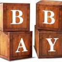 BabyWood Grain Brown Boxes - 4 Pcs Baby Gift Set with Letters, Teddy Bear Theme, Gender Reveal Party Decor