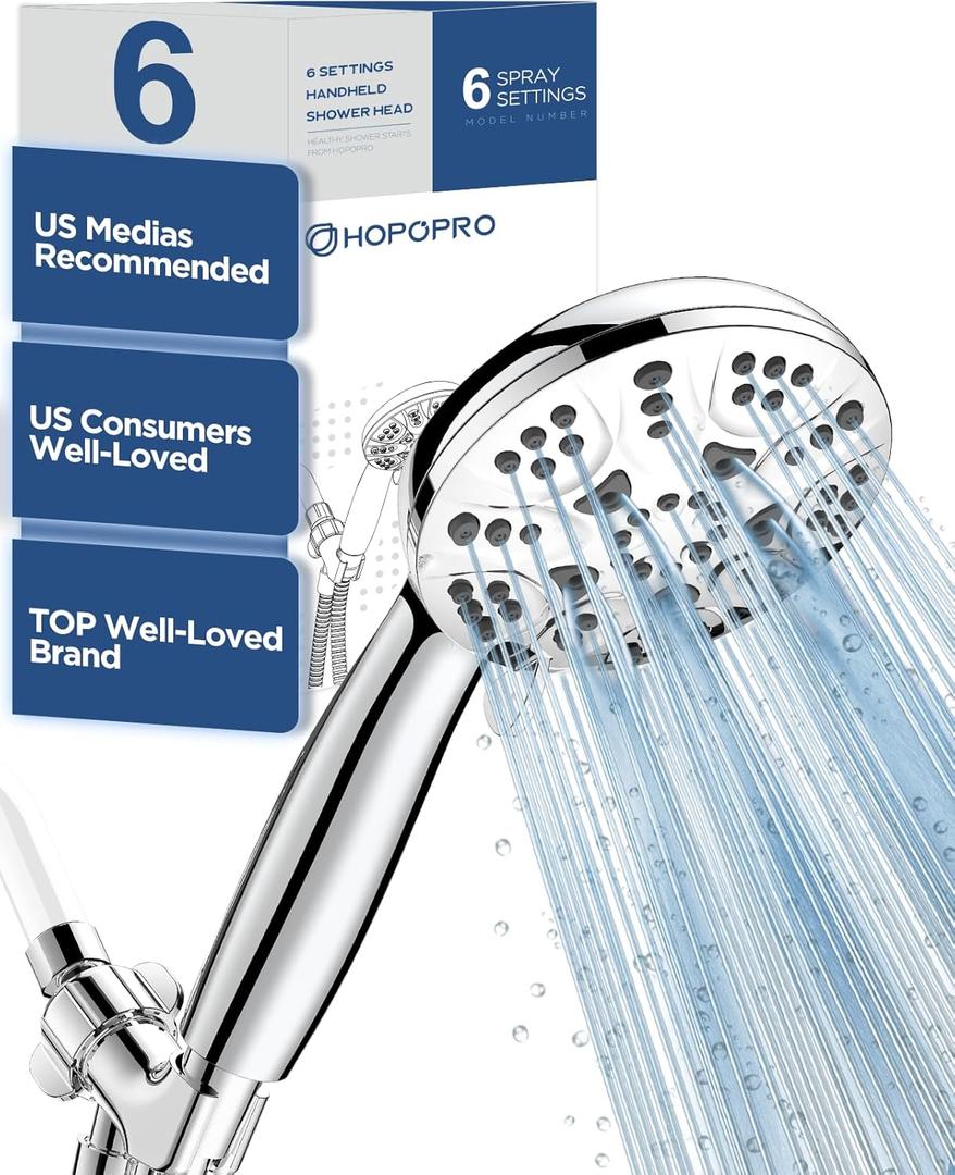 6-Mode High Pressure Handheld Shower Head Set, Consumer Reports Recommended HOPOPRO High Flow Hand Held Showerhead with 59 Inch Hose Bracket Teflon Tape Rubber Washers (Chrome)