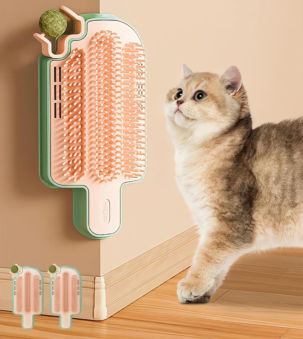 Catnip Toys for Indoor Cats 2 Pack, Stick on Wall Cat Brush with Catnip Ball Toys, 2 in 1 Massage & Self Groomer, Corner Brush (Orange)