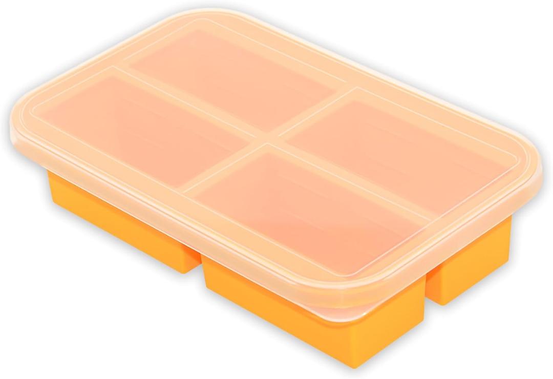 Bangp Silicone Freezer Tray for Soup Ice Cubes,1-Cup Freezing Tray with Lid for Meal Prep, Rice, Broth, Sauce, Leftovers. Makes 4 Perfect 1 Cup Portions. Oven & Dishwasher-Safe (Yellow)