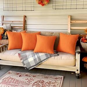 MIULEE Fall Pack of 4 Decorative Bright Orange Throw Pillow Covers Linen Waterproof Pillow Covers Outdoor Farmhouse Cushion Cases for Halloween Patio Garden Tent Balcony Couch Sofa 16x16 inch