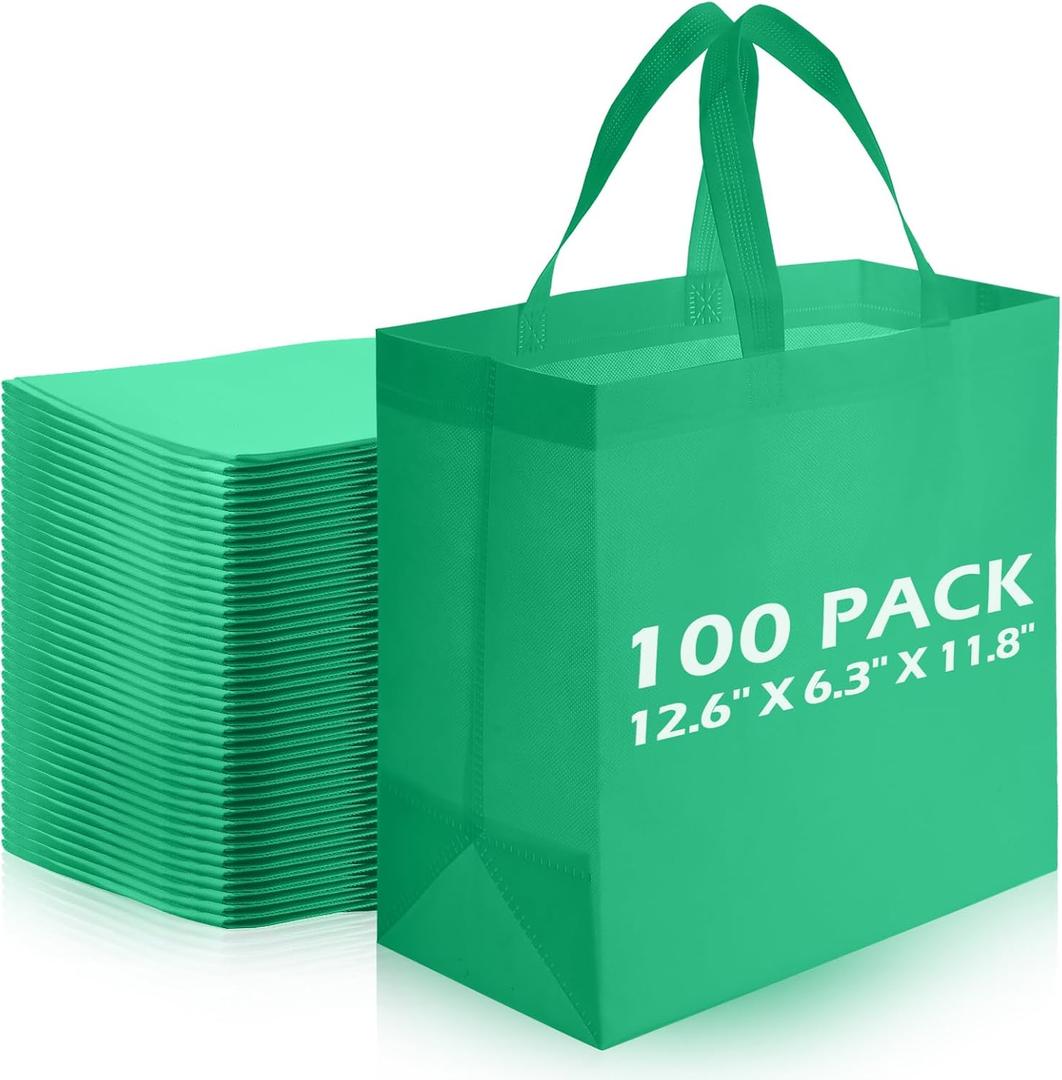 Reginary 100 PCS Reusable Totes Bag Set Non Woven Grocery Bag with Handles Fabric Portable Tote Bag Bulk for Shopping Merchandise Events Parties Boutiques Retail Stores (Green)