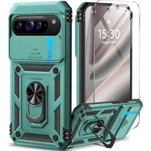 Taisairu for Google Pixel 10 Pro XL Case with Screen Protector & Slide Camera Lens Cover,Built-in 360Rotate Magnetic Ring Stand Shockproof Protective Phone Case for Pixel 10 Pro XL Case (Green)
