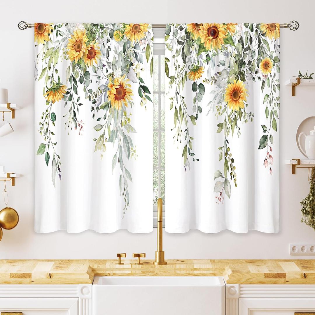 Eucalyptus Botanical Leaves Sunflower Floral Kitchen Window Curtains Over Sink Farmhouse Flower Leaf Small Window Treatment Cafe Short Curtains for Bathroom Treatment Tier Drapes 26x24 inch (06 Green Dark Yellow)