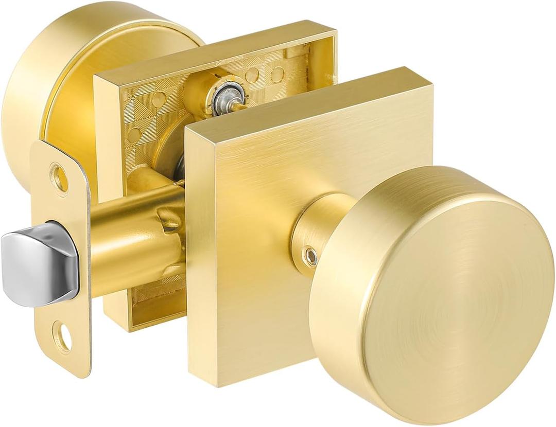 Passage Brass Door Knobs Interior, Brushed Gold Passage Door Knobs, Square Gold Door Handles for Closet Hallway, Heavy Duty Design