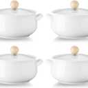 ALELION Small French Onion Soup Bowls, 16 OZ Soup Crocks with Double Handles and Glass Lids, Oven Safe Soup Bowls for Stew Chili Cheese Pot Pie Casseroles, Set of 4, White