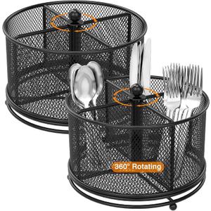 2 Pack 360 Rotating Metal Silverware Organizer Holder | 4 Compartment Utensil Caddy, Flatware Storage Basket Effortless Access Fork Spoon for Party Buffet Picnic Camping Outdoor